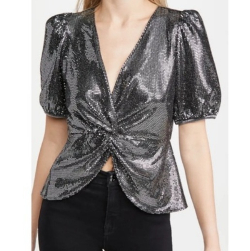 Saylor Revolve Silver Twist Front Metallic Top Blouse Size Large NEW NWT